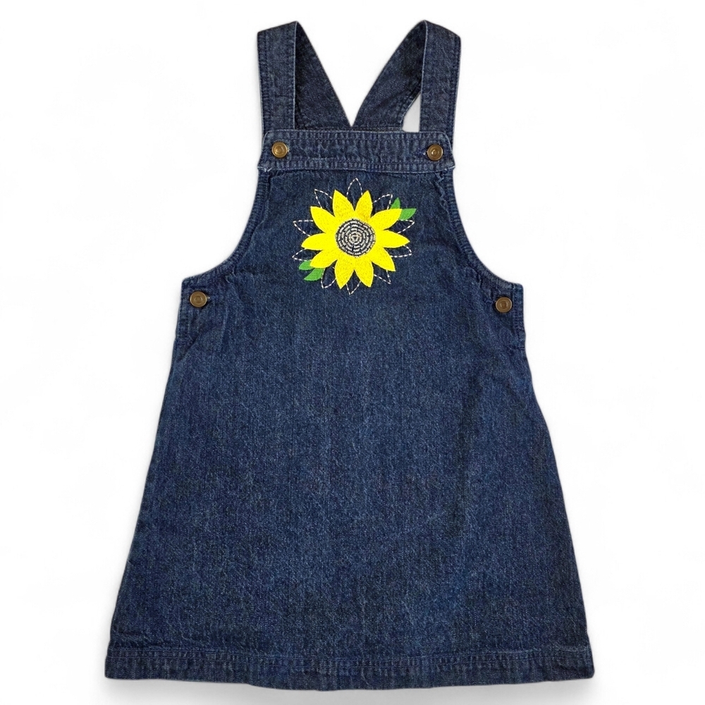 Dark Wash Denim Jumper Pinafore Dress Sunflower Embroidered Girls Size 6
